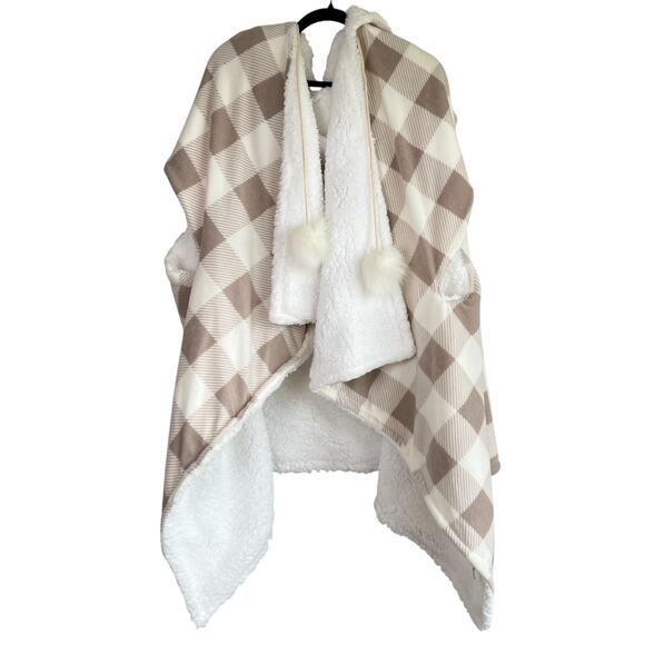 Soft Surroundings Wearable Throw Sherpa Poncho Cape Beige Plaid One‎ Size NWT - Picture 3 of 9